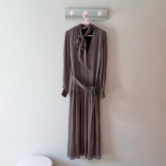 NWT Zara black brown metallic thread belted midi dress, S - Picture 6 of 8